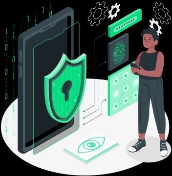 A person, standing by the sheild od protection amidst various cyber threats, representing Threat Hunting process of Mitigata.